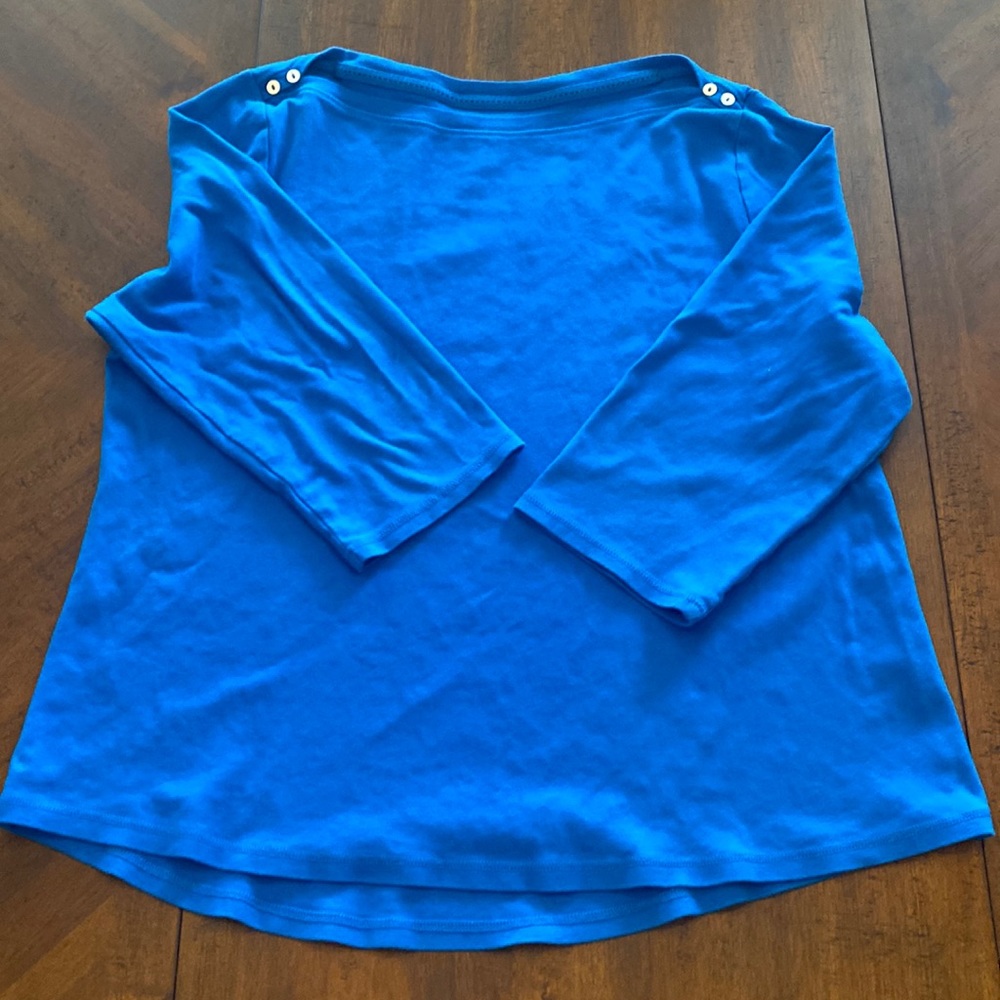 Westbound Women blue 1X boatneck top with 3/4 sleeves.